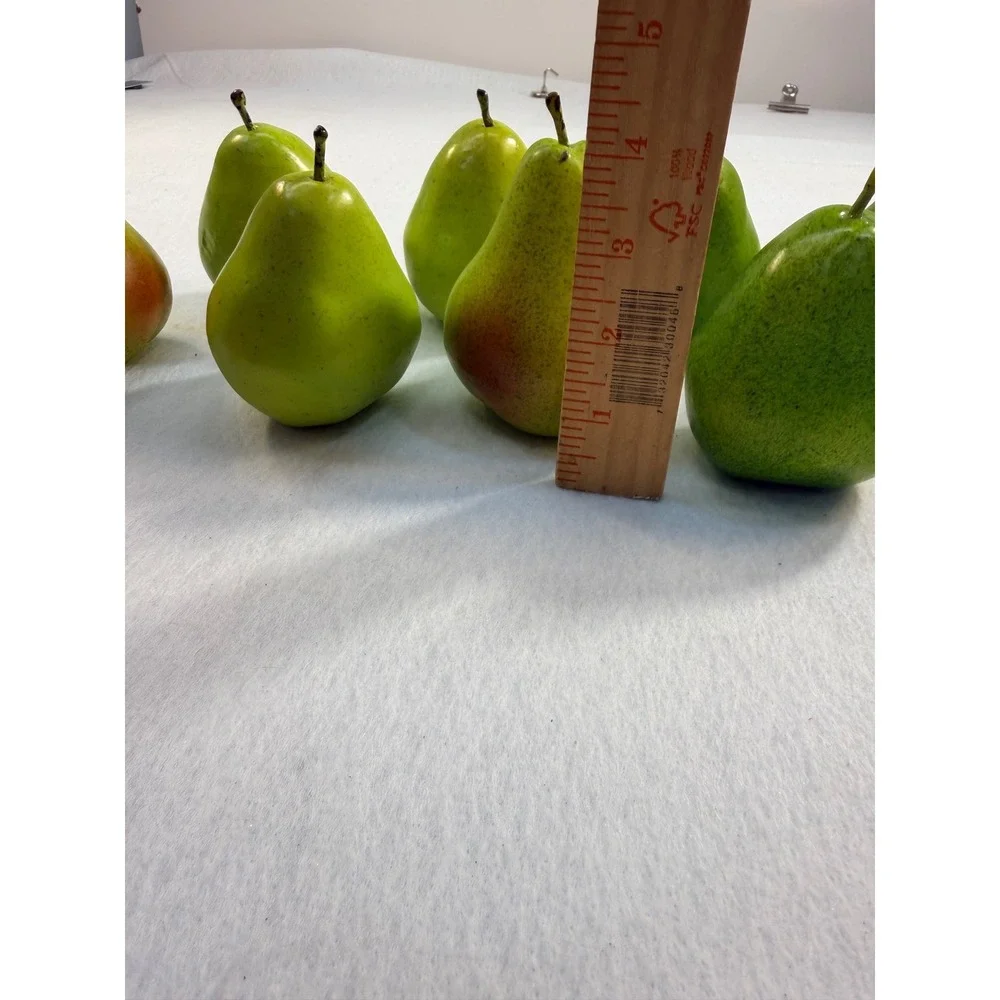 Modern Chrome Wire Basket with Orange Liner and 8 Artificial Green Pears Set